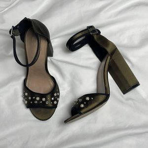 Army green satin ankle strap block heels w/ pearl and rhinestone embellishments